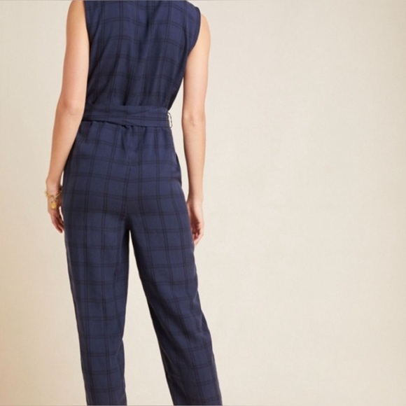 Anthropologie Brielle Blue Slate & Back Plaid Belted Jumpsuit Size Small - Picture 11 of 13